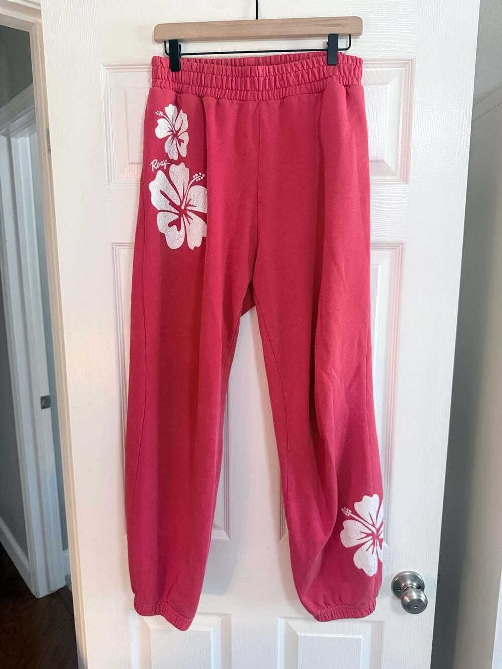 Roxy Pink Hibiscus Flower Graphic Jogger Sweatpants Size M